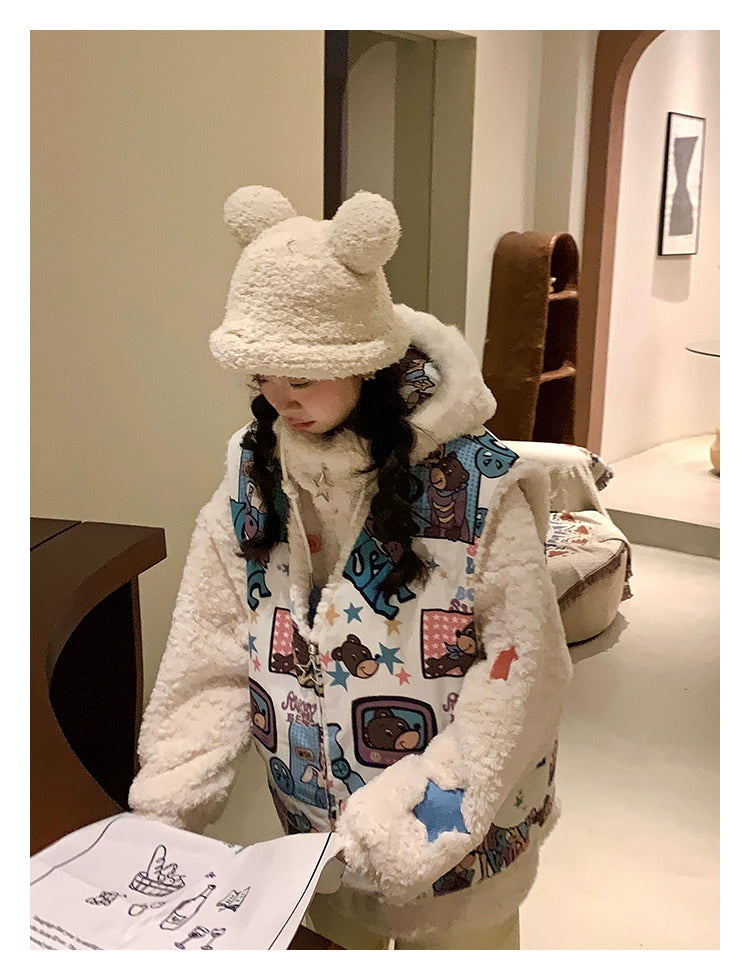 Kawaii Winter Coat Thickened Print Reversible Hooded Coat 39796:640940