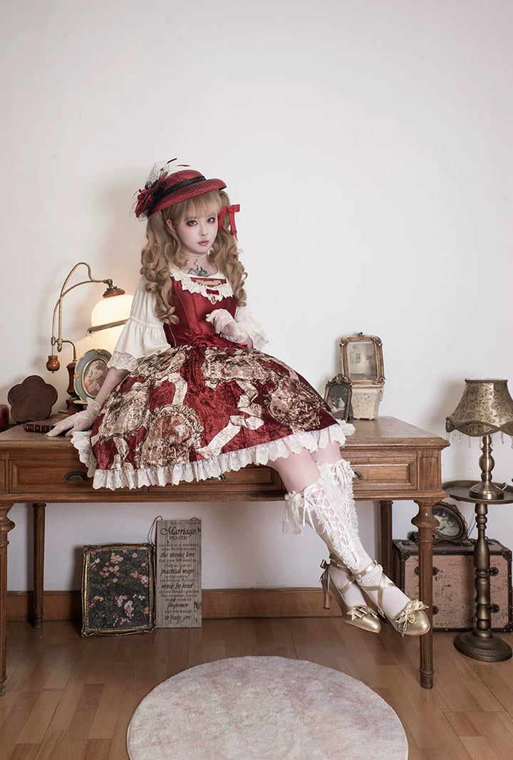 Classic Lolita Pointed Toe High Heels, Pearl-Like & Rhinestone 45841:864856