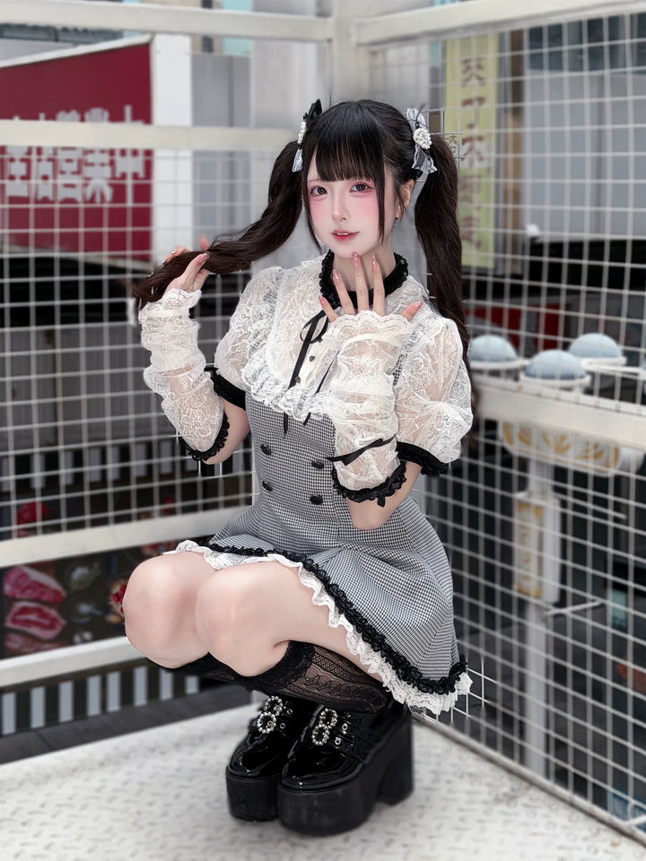 Jirai Kei Houndstooth Pattern Dress, Lace & Detachable Sleeves 44922:828284