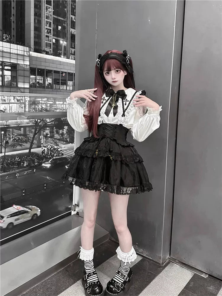 Jirai Kei Flutter Sleeve Suspender Skirt Set, Cross Pendants 45581:860451