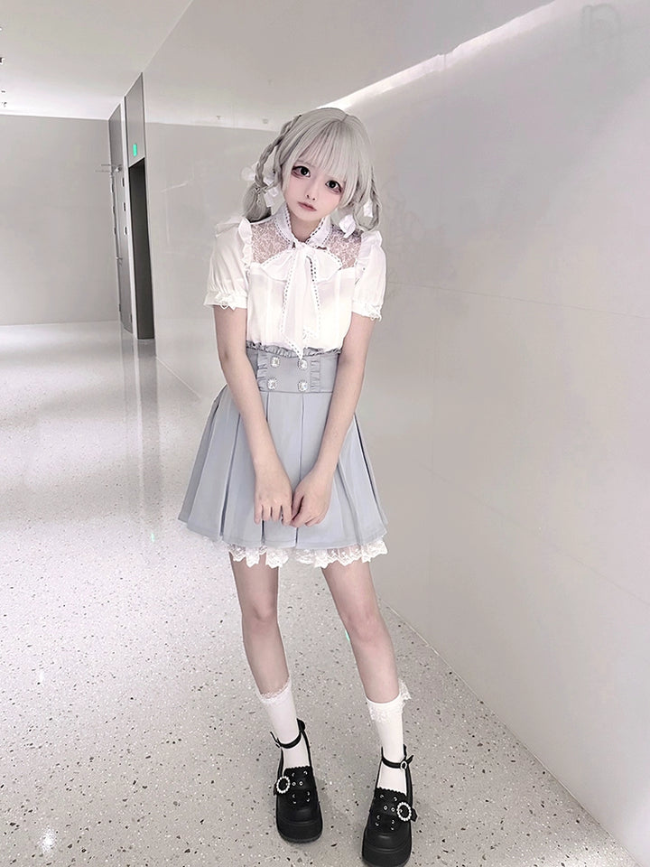 White Jirai Kei Blouse with Ribbon & Blue Pleated Skirt With Elastic Band 42979:760032