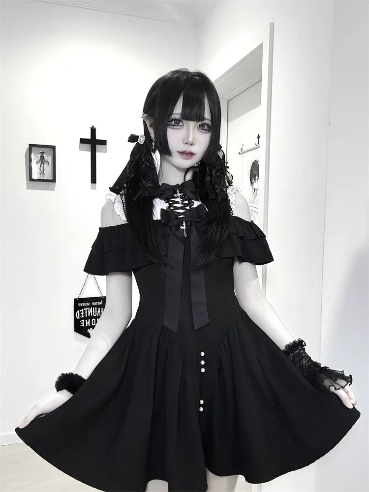 Jirai Kei Open Shoulder Dress, Layered Ruffle 44949:831315