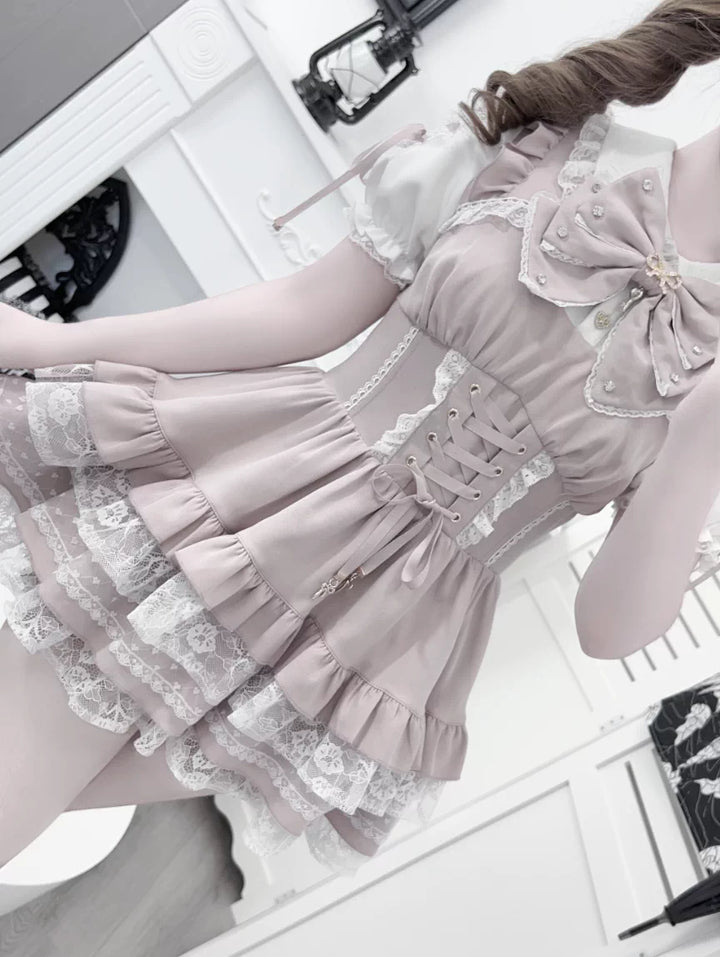 Jirai Kei Lace Plaid Dress Set, Detachable Rhinestone Bow 45700:860717