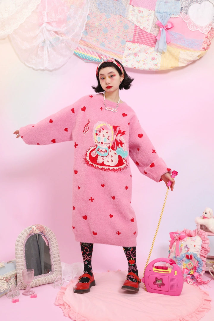 Kawaii Pink Sweater Dress Fluffy Dress With Heart Cat Patterns 31508:367816 31508:367816