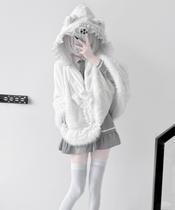 Jirai Kei Winter Coat Fleece Hoodie Cape Coat With Cat Ears 41412:696316