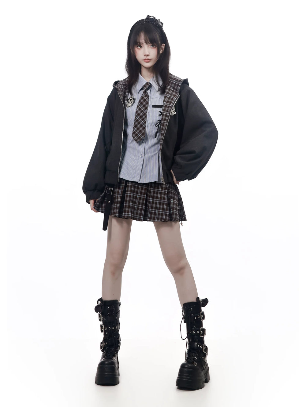 Preppy Reversible Plaid Jacket Set, Striped Blouse 45874:868444