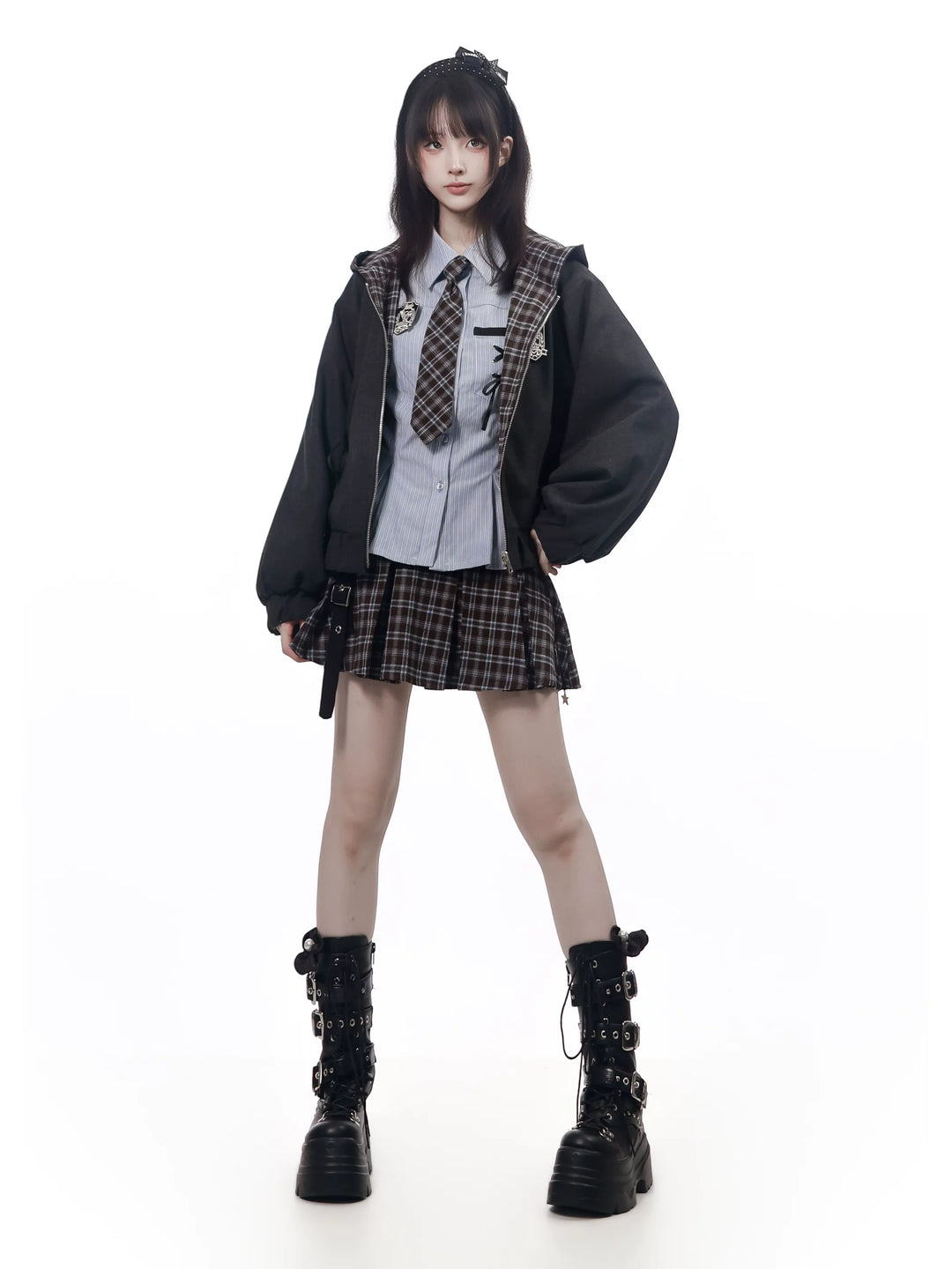 Preppy Reversible Plaid Jacket Set, Striped Blouse 45874:868444