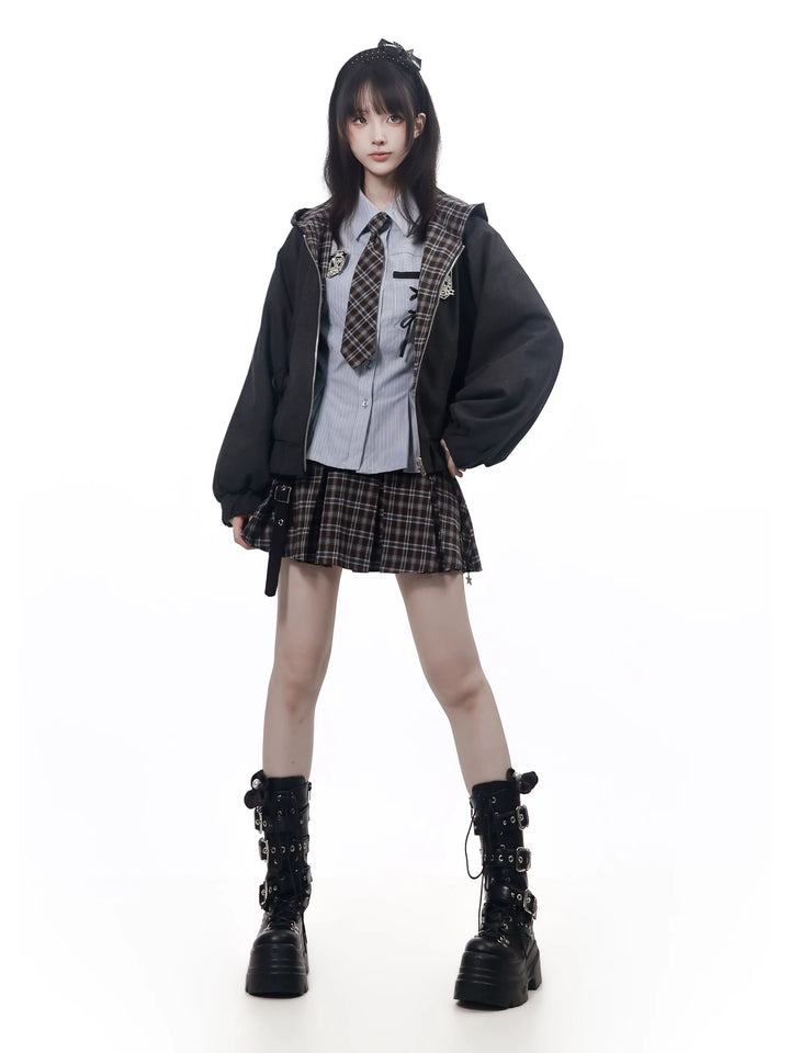 Preppy Reversible Plaid Jacket Set, Striped Blouse 45874:868444