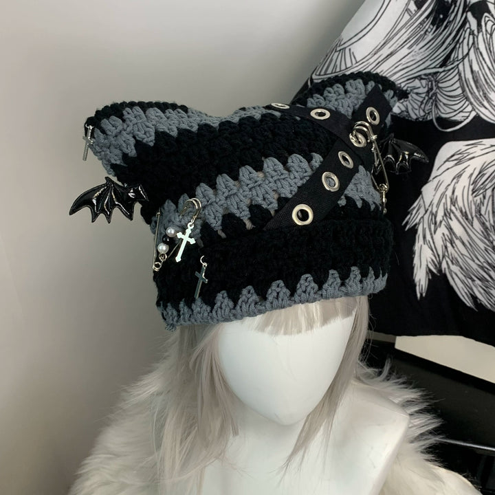 Punk Hat Striped Cat Ear Knitted Hat With Bat Wings 40138:678560