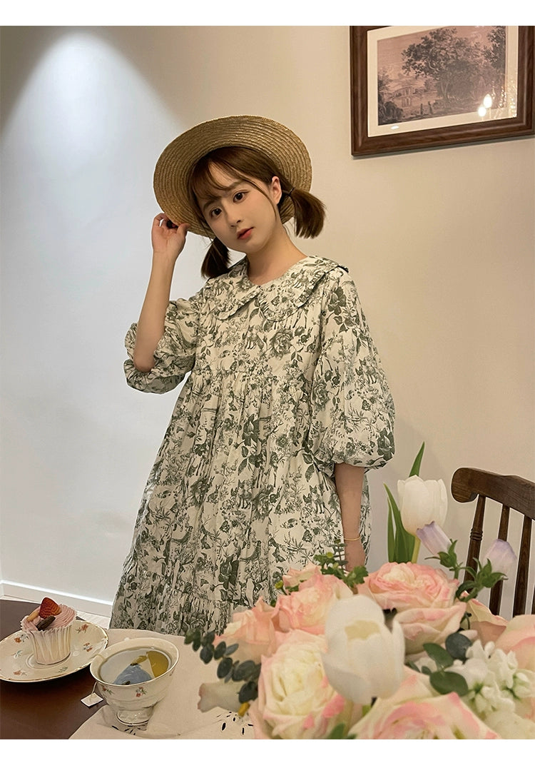 Mori Kei Dress Bubble Sleeve Vintage Green Floral Dress 36552:531238