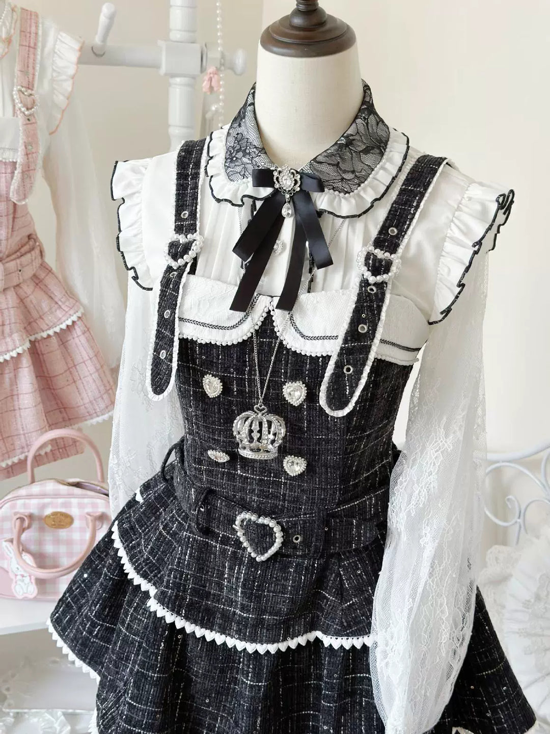 Tweed-like Jirai Kei Suspender Skirt, Matching Shorts 44178:799986