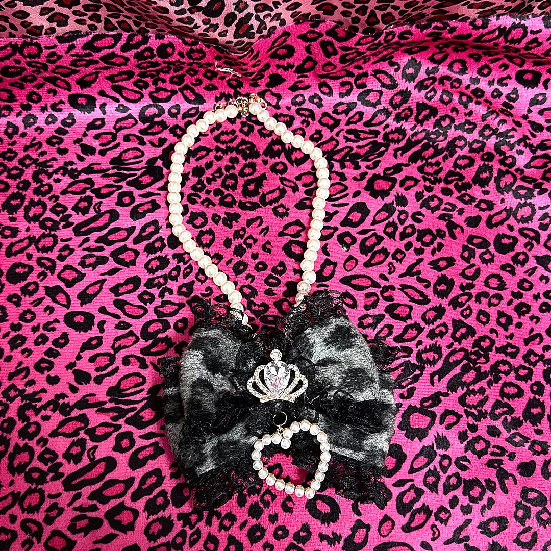Gyaru Leopard Pearl Necklace, Crown and Heart Rhinestone 45563:852832