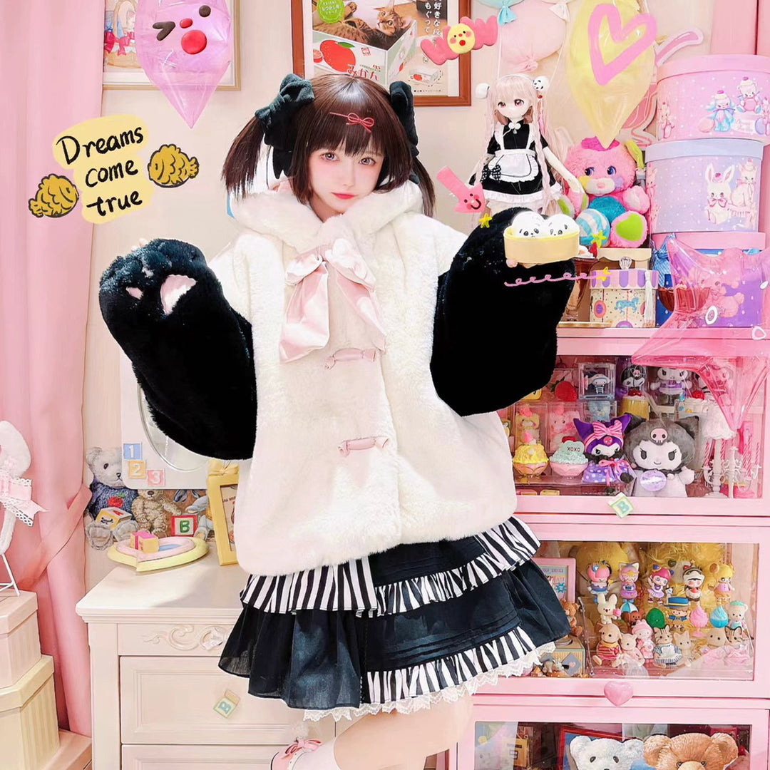 Sweet Lolita Coat Jirai Kei Winter Coat White Black Fleece Coat 32404:384854