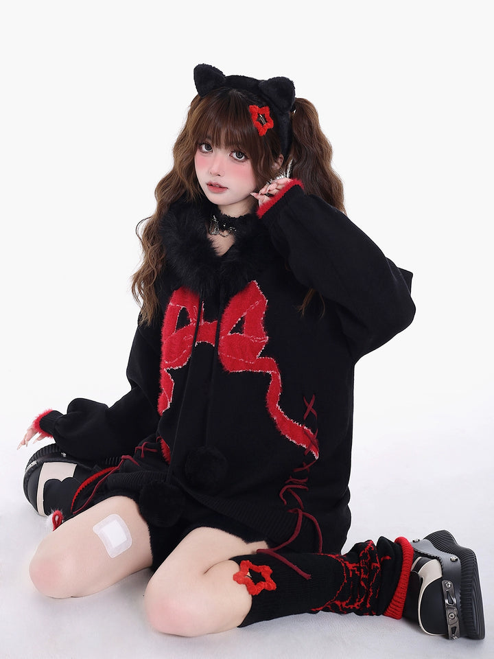 Yami Kawaii Sweater Bow Black Red Hoodie Detachable Collar 39556:639612