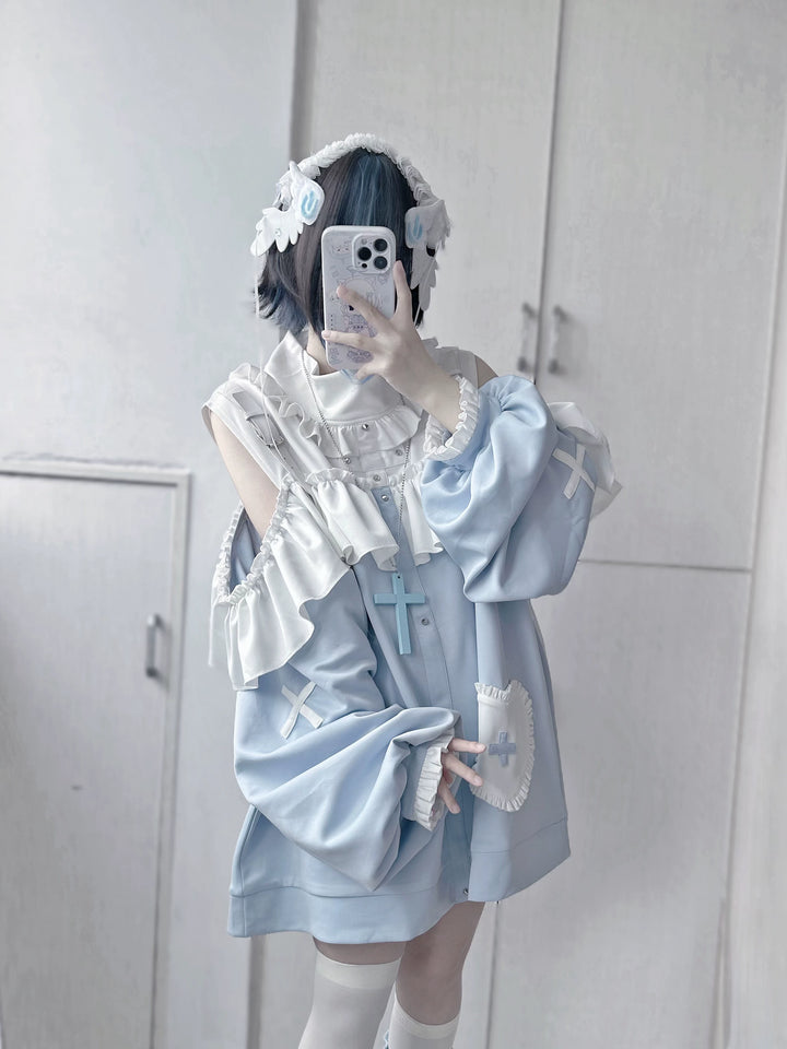 Tenshi Kaiwai Oversized Hoodie Set, Heart & Cross Details (M S) 45462:850907