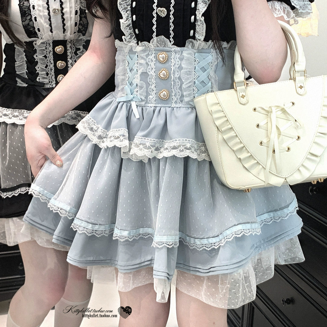 High-waist Rousangata Skirt, Sheer Dot Veil Hem (Blue) 43693:783067