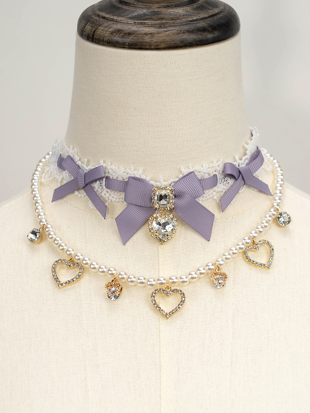 Jirai Kei Necklace Double-layered Pearl Rhinestone Choker 33806:446340 33806:446340