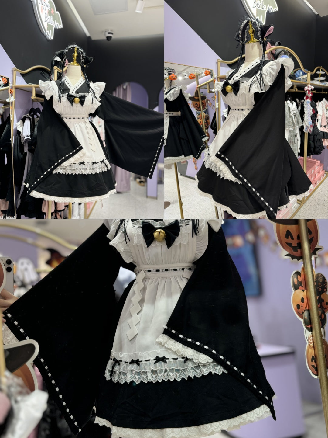 Kawaii Black Maid Blouse Flutter Sleeve Apron Suspender Skirt Set 42282:735191