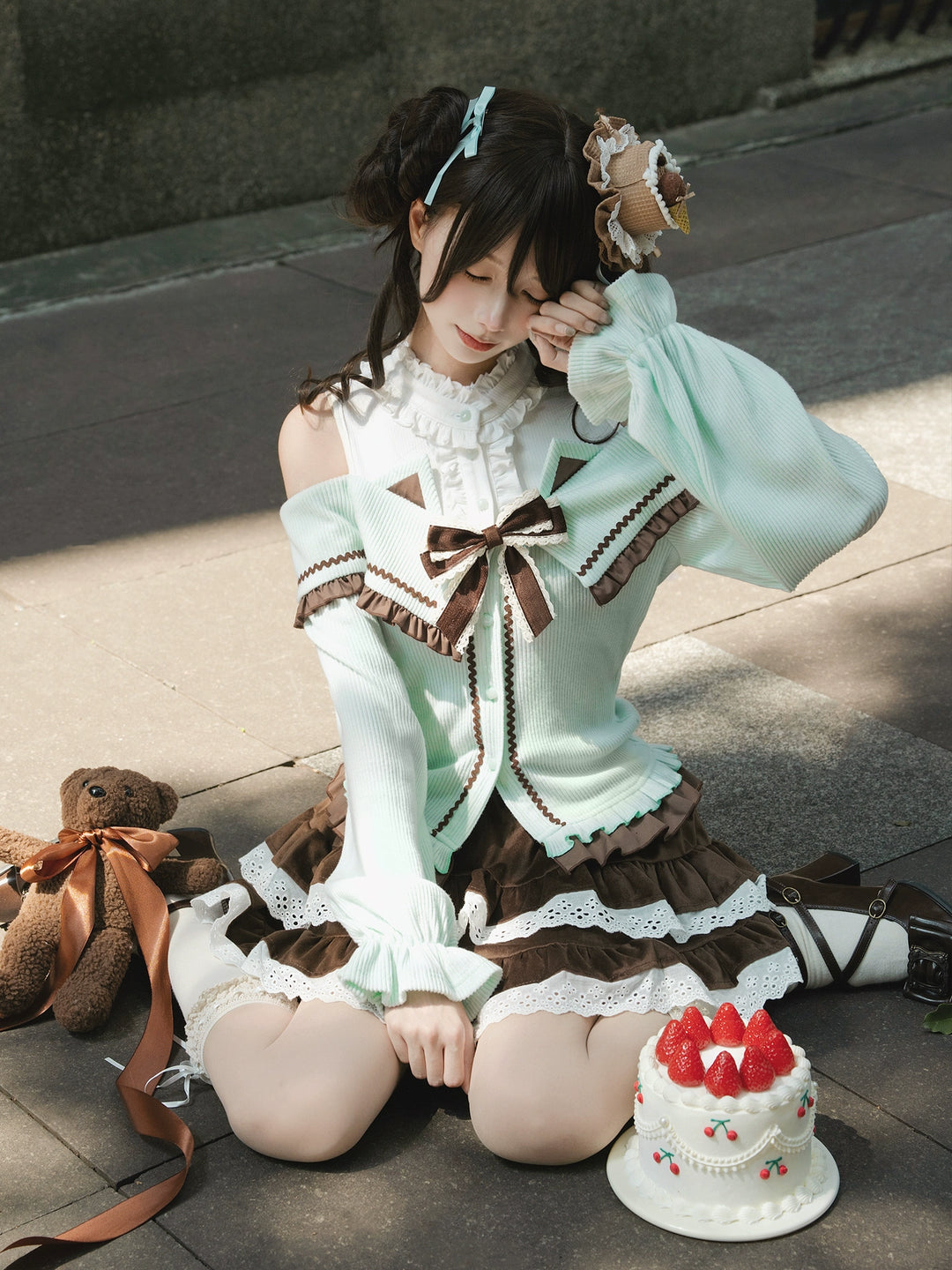 Sweet Open-shoulder Sweater, Vintage Skirt 44077:795822