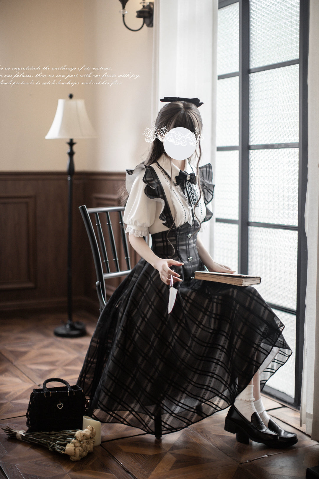 Black Jirai Kei Plaid Suspender Skirt Set with White Blouse 42918:760663