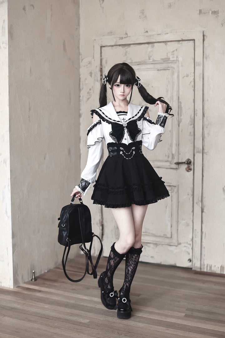 Lace Jirai Kei Sailor Collar Blouse, High Waist Skirt Set 45626:859345