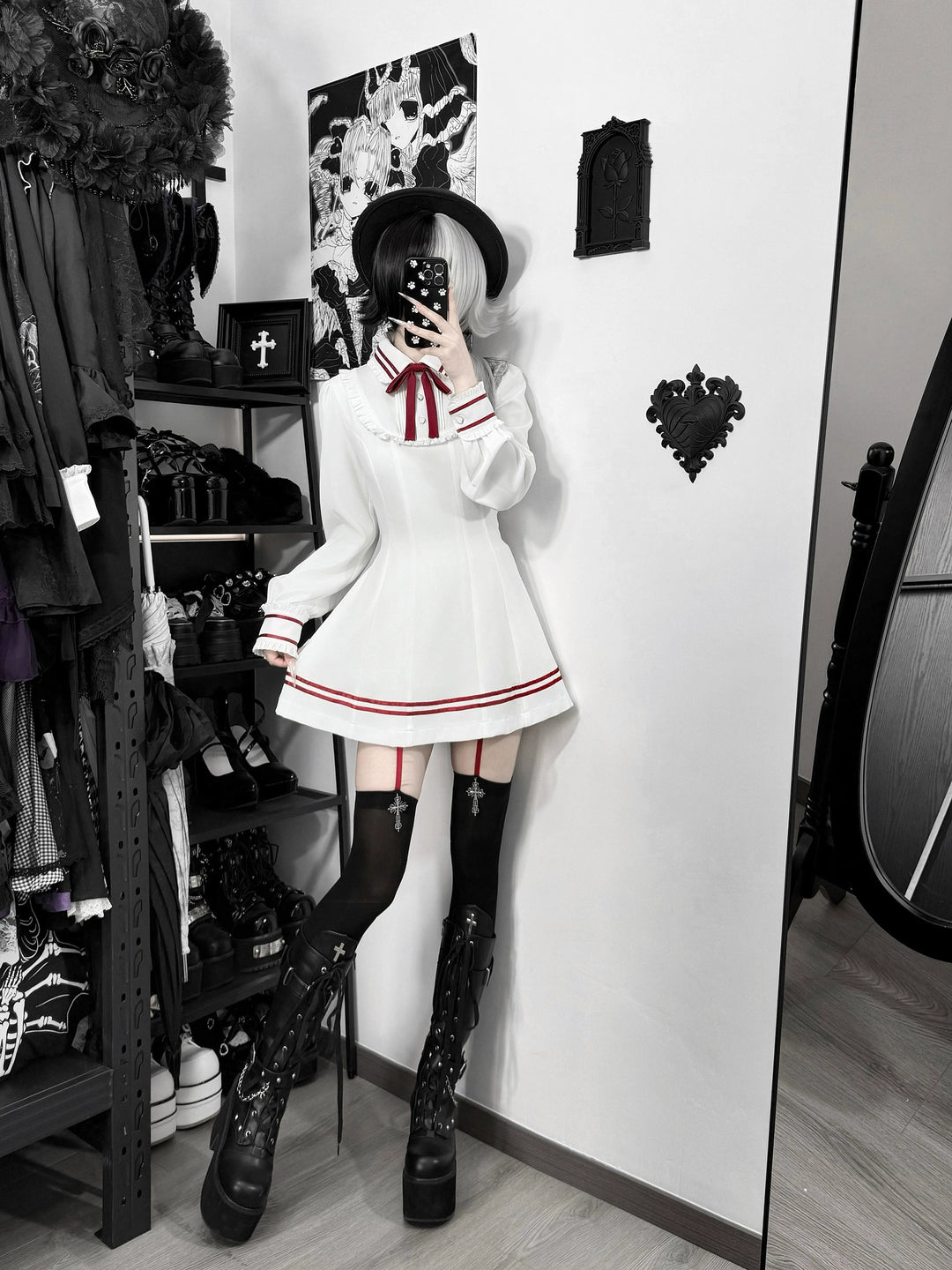 Japanese Style Cape Dress Set, Black & White (L M S XL XXL) 45264:844245