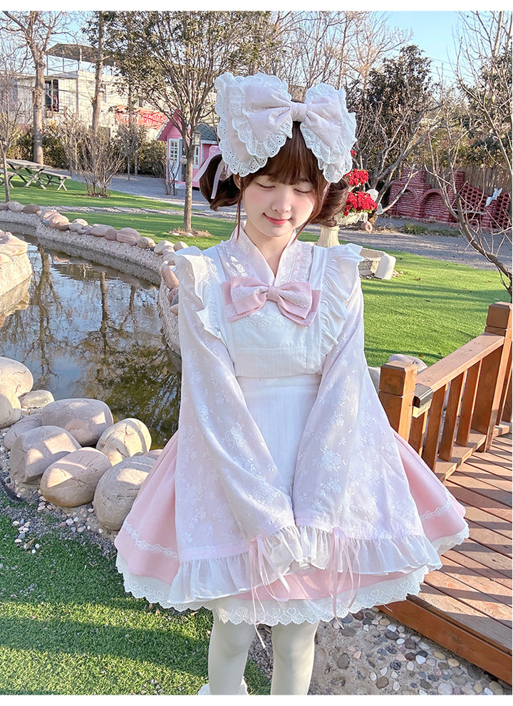 Kawaii Outfit White Maid Blouse And Pink Skirt With Apron 42283:735235