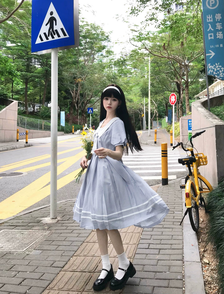 Summer JK Uniform Striped Dress, Sailor Collar 43627:781375