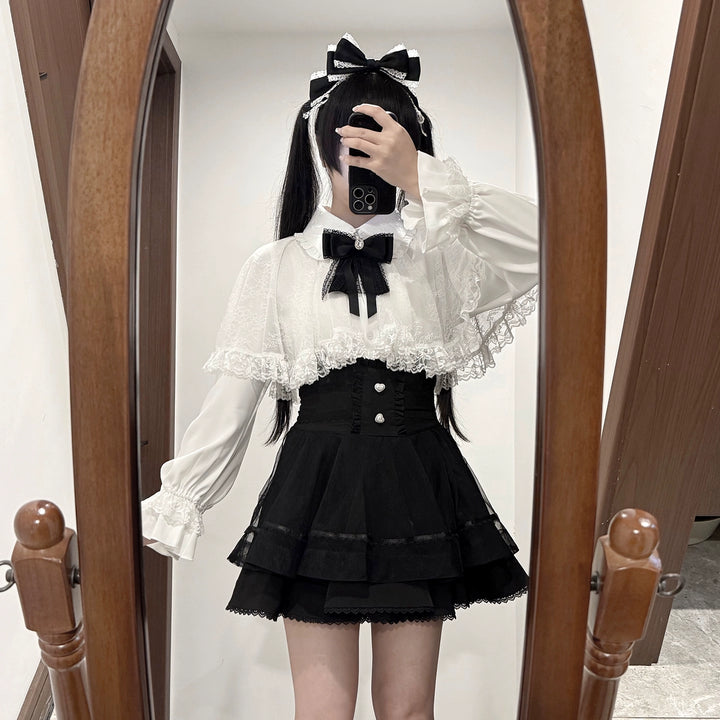 Jirai Kei Lace-cape Blouse, High-waist Skirt Outfit 43933:790385