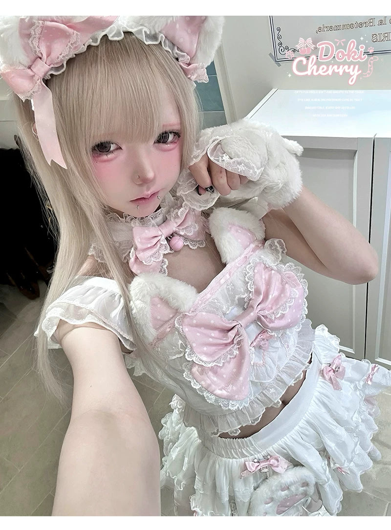 Kawaii Lolita Tiered Skirt Set, Cat Ears & Polka Dot Bow 44958:837083