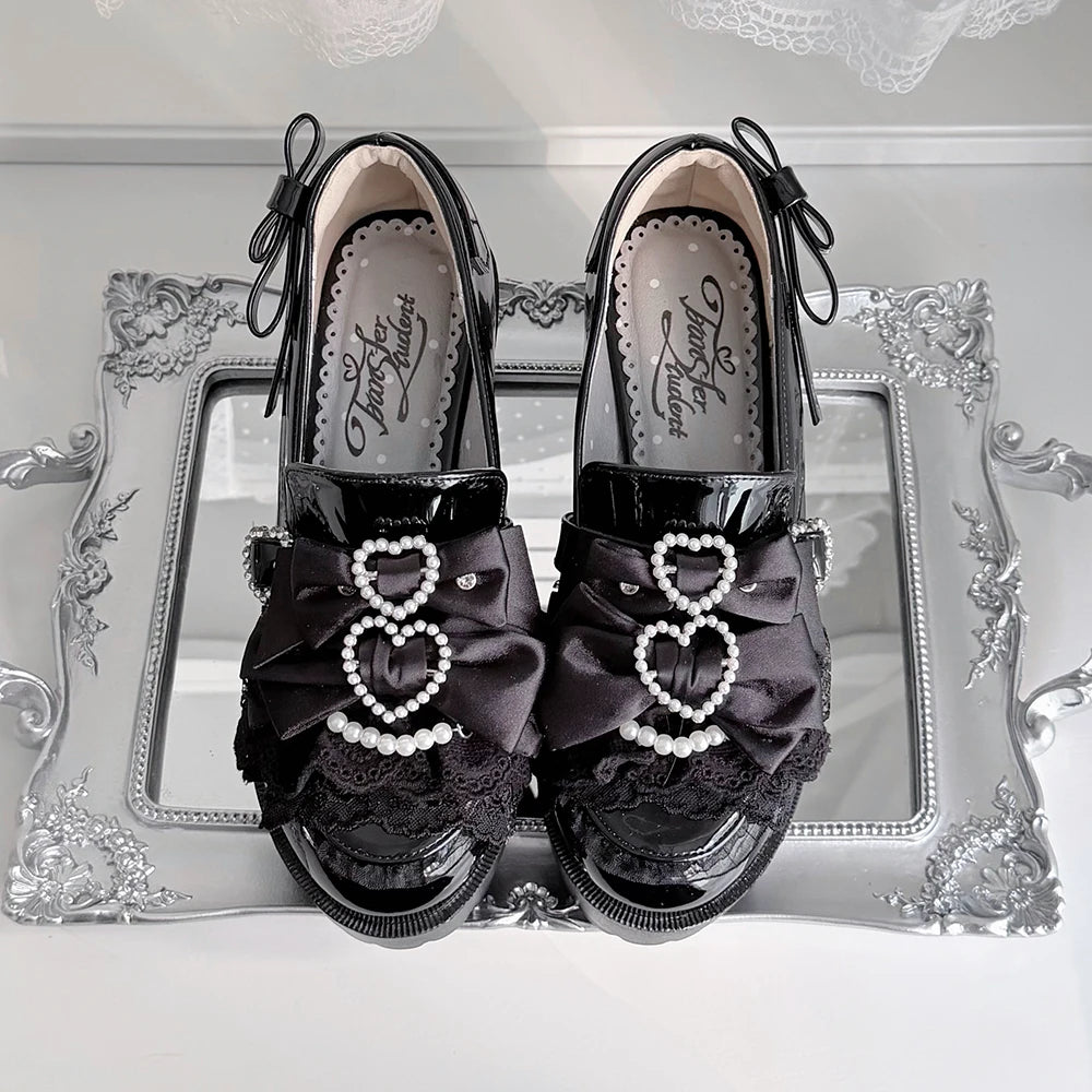 Jirai Kei Chunky Heel Slip-on Shoes, Bows and Pearls (35 36 37 38 39 40 41 42) 45868:866943