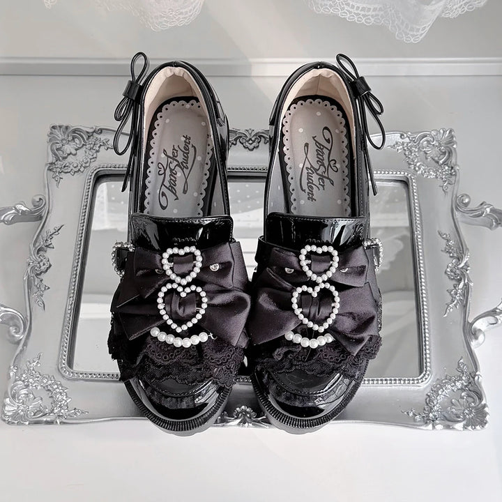 Jirai Kei Chunky Heel Slip-on Shoes, Bows and Pearls (35 36 37 38 39 40 41 42) 45868:866943