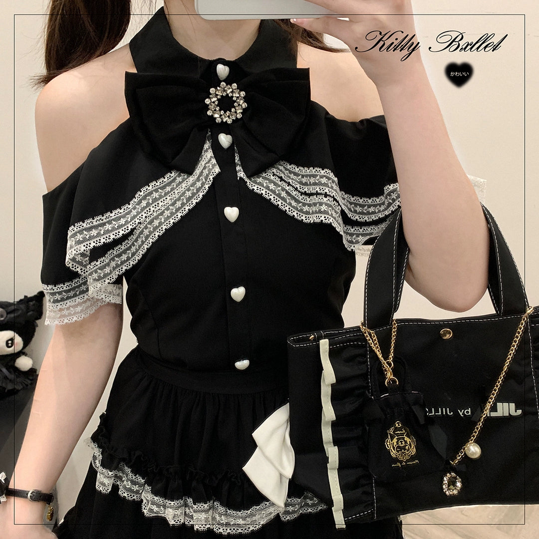 Jirai Kei Black And Pink Tiered Lace Skirt 21798:318520 21798:318520