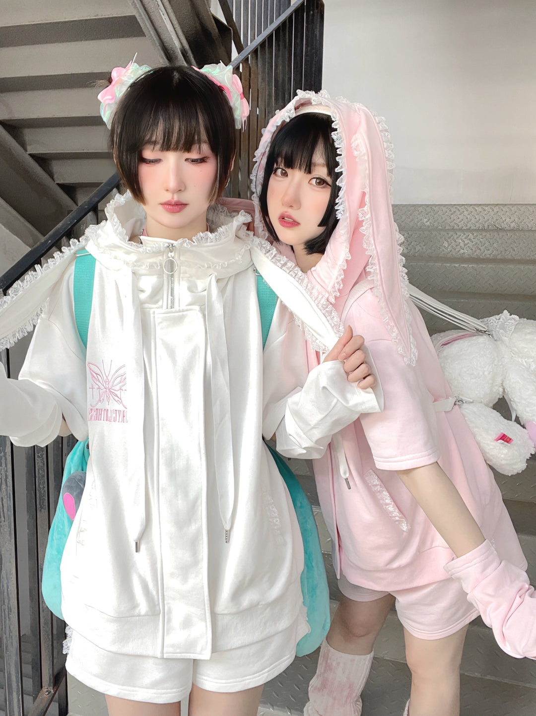 Harajuku Fashion Pink White Hoodie With Bunny Ear 29444:349840 29444:349840