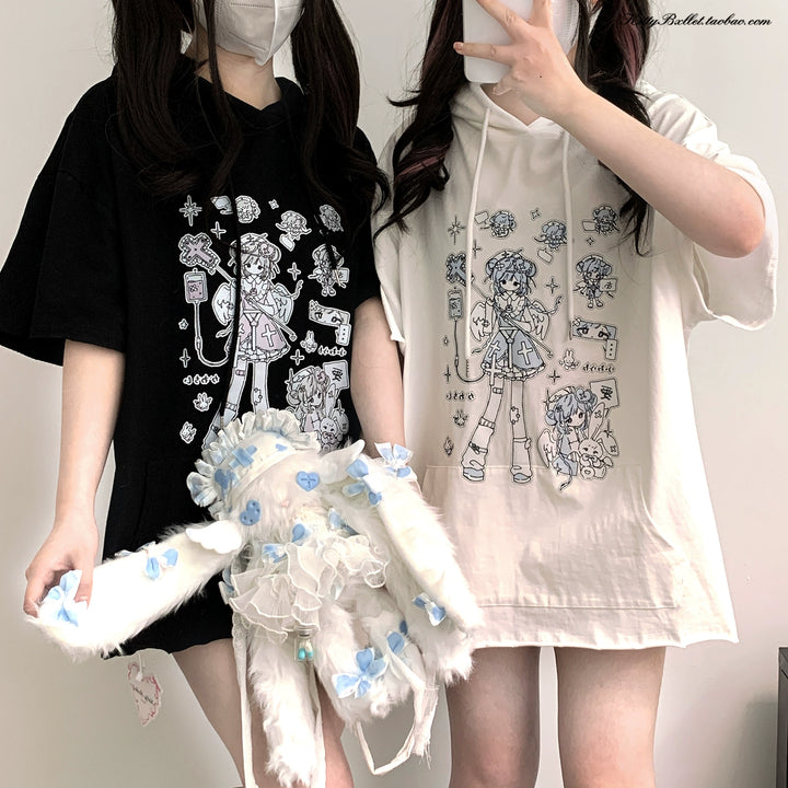 Jirai Kei Hoodie Rabbit Ear Hat Short-sleeved Top 38324:582964