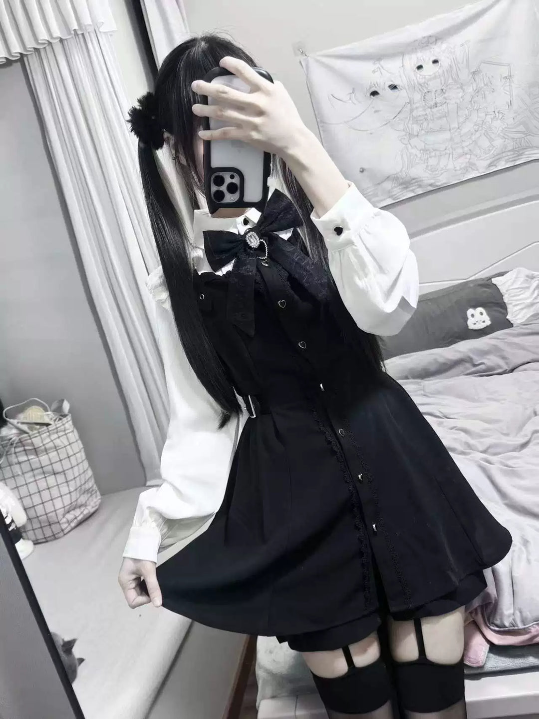 Faux Two-piece Jirai Kei Dress, Rhinestone Bow 44893:827599