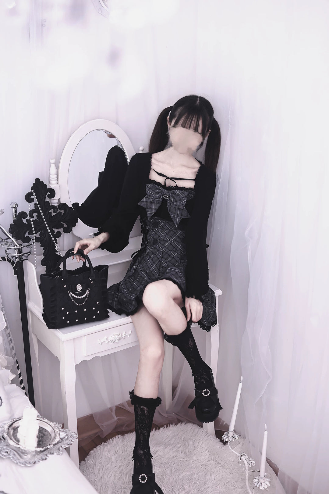 Jirai Kei Plaid Dress with Bolero, Pleated Hem 45934:869206