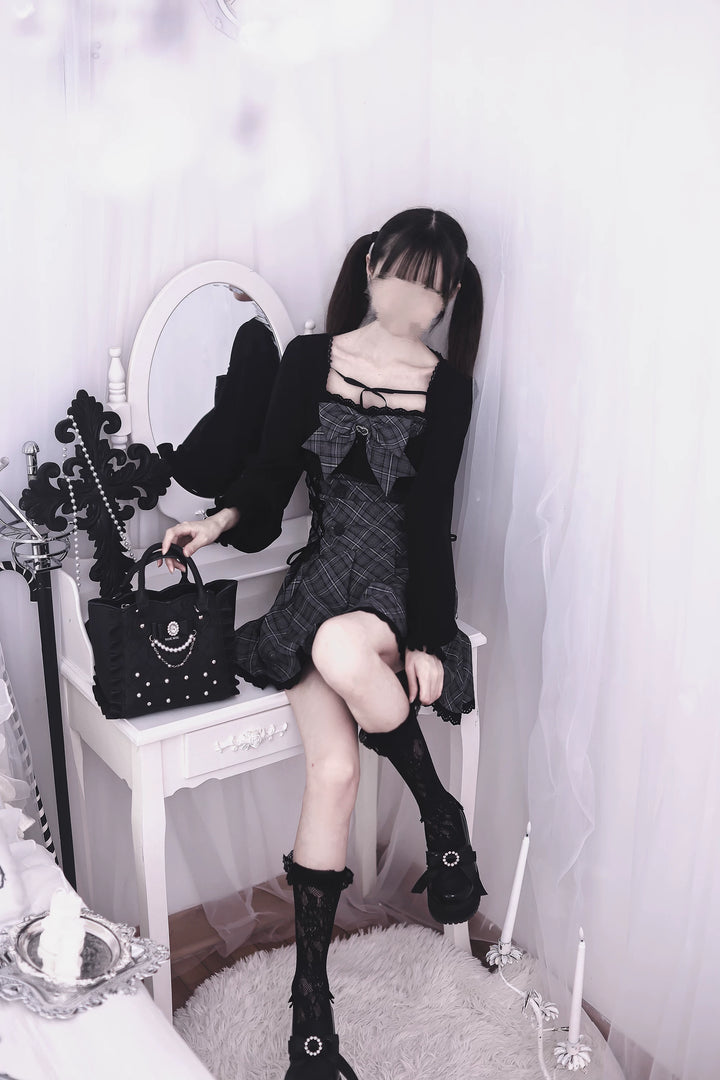 Jirai Kei Plaid Dress with Bolero, Pleated Hem 45934:869206