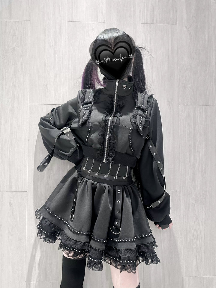 Punk Jacket and Skirt, Cross Zipper and Studs (L S) 45649:858252