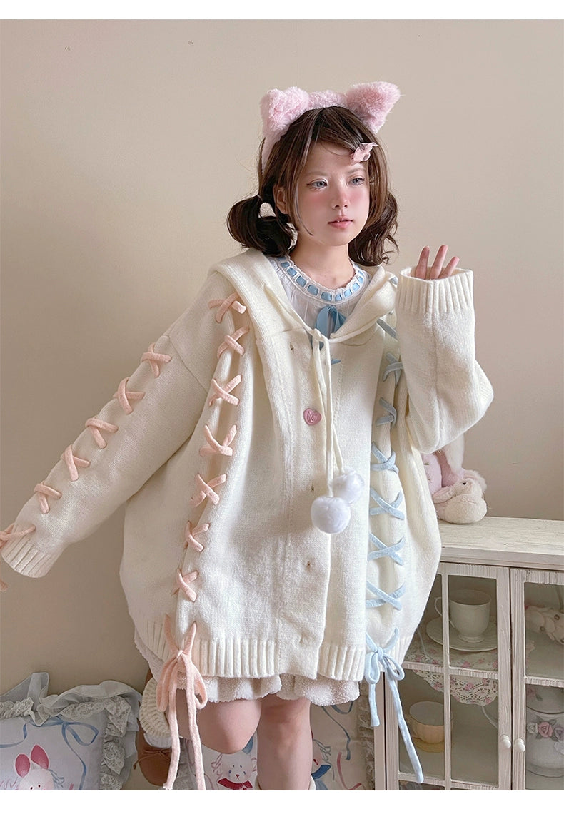 Kawaii White Pink Blue Cardigan Bunny Ears Sweater Coat 22658:345332 22658:345332