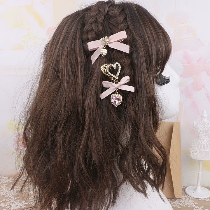 Jirai Kei Hair Clip, Rhinestone Bow & Heart Pendant 45071:834147