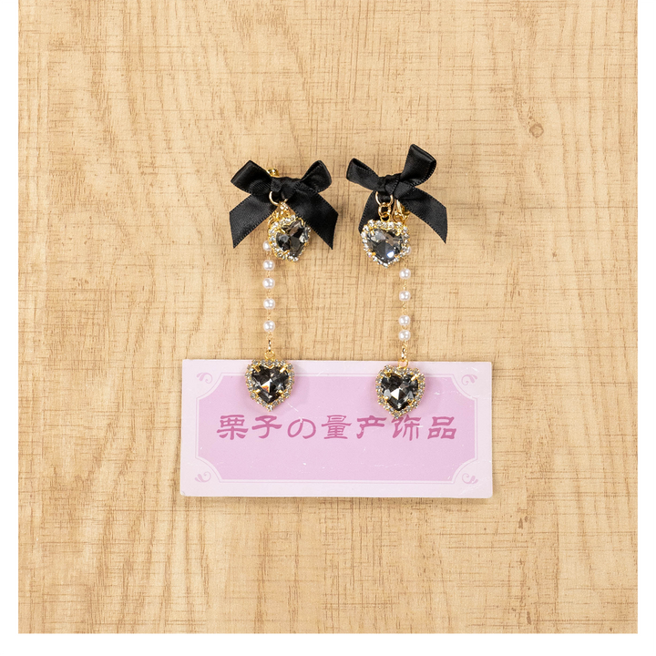 Jirai Kei Earrings Rhinestone Bow Pearl Chain Ear Clip 39658:647728