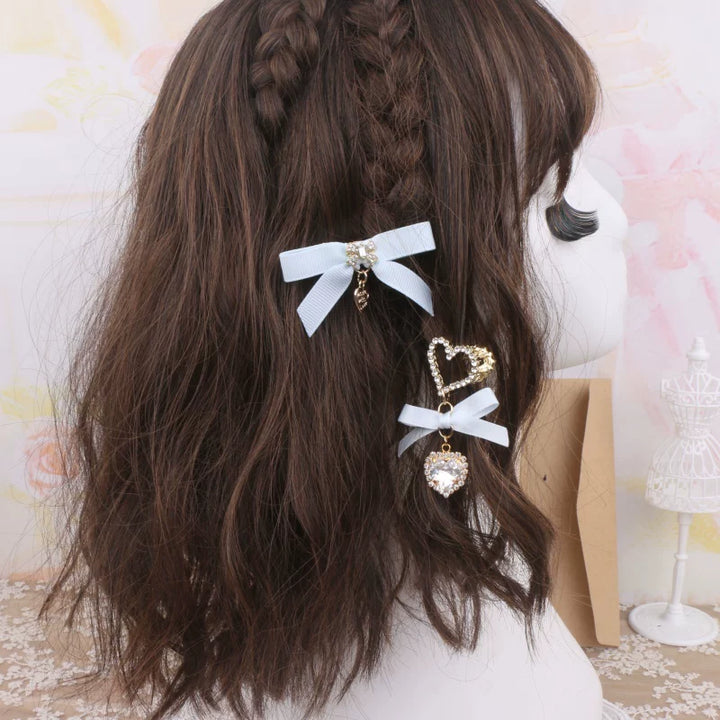 Jirai Kei Hair Clip, Rhinestone Bow & Heart Pendant 45071:834152
