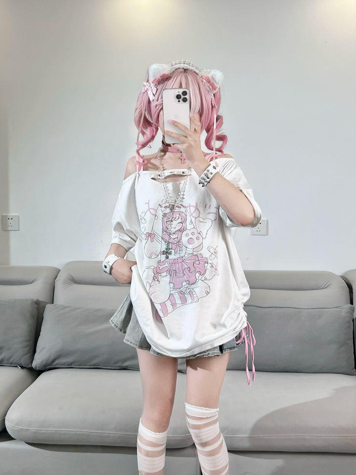 Y2K T-shirt Anime Print Subculture Off-shoulder Shirt 38524:592496