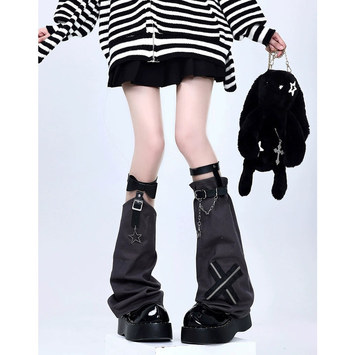 Y2K Leg Cover Cross Chain Leather Buckle Leg Warmer (Grey) 36510:516286 (Grey) 36510:516286