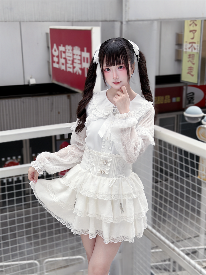 Ryousangata White Lace Blouse & High Waist Skirt 45579:853615