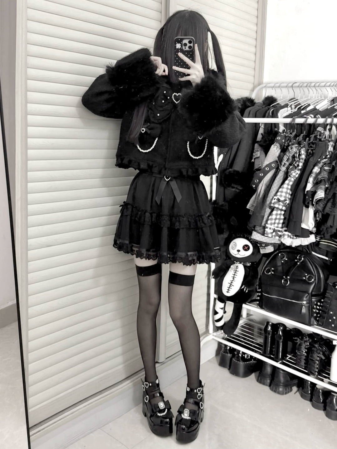 Black Jirai Kei Short Coat, Detachable Faux Fur Collar 44331:805485