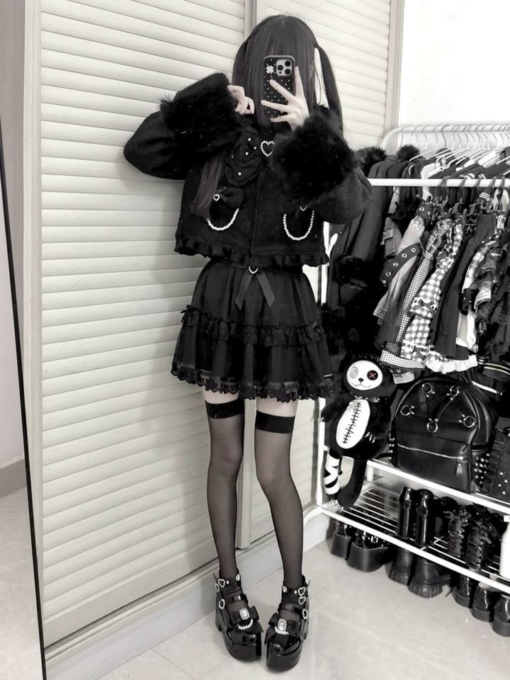 Black Jirai Kei Short Coat, Detachable Faux Fur Collar 44331:805485