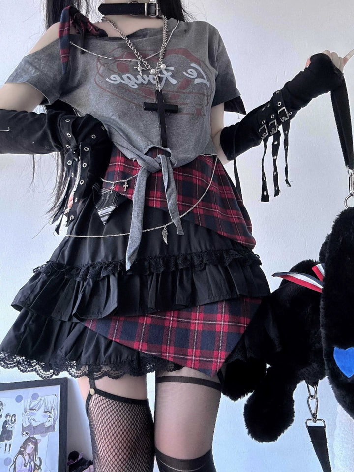 Gyaru Skirt Lace Trim Plaid Skirt Irregular Hem Skirt 41934:719050