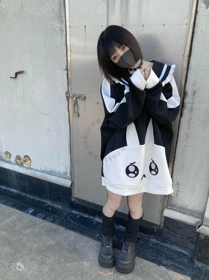 Jirai Kei Black White Hoodie With Bunny Design 29460:346920